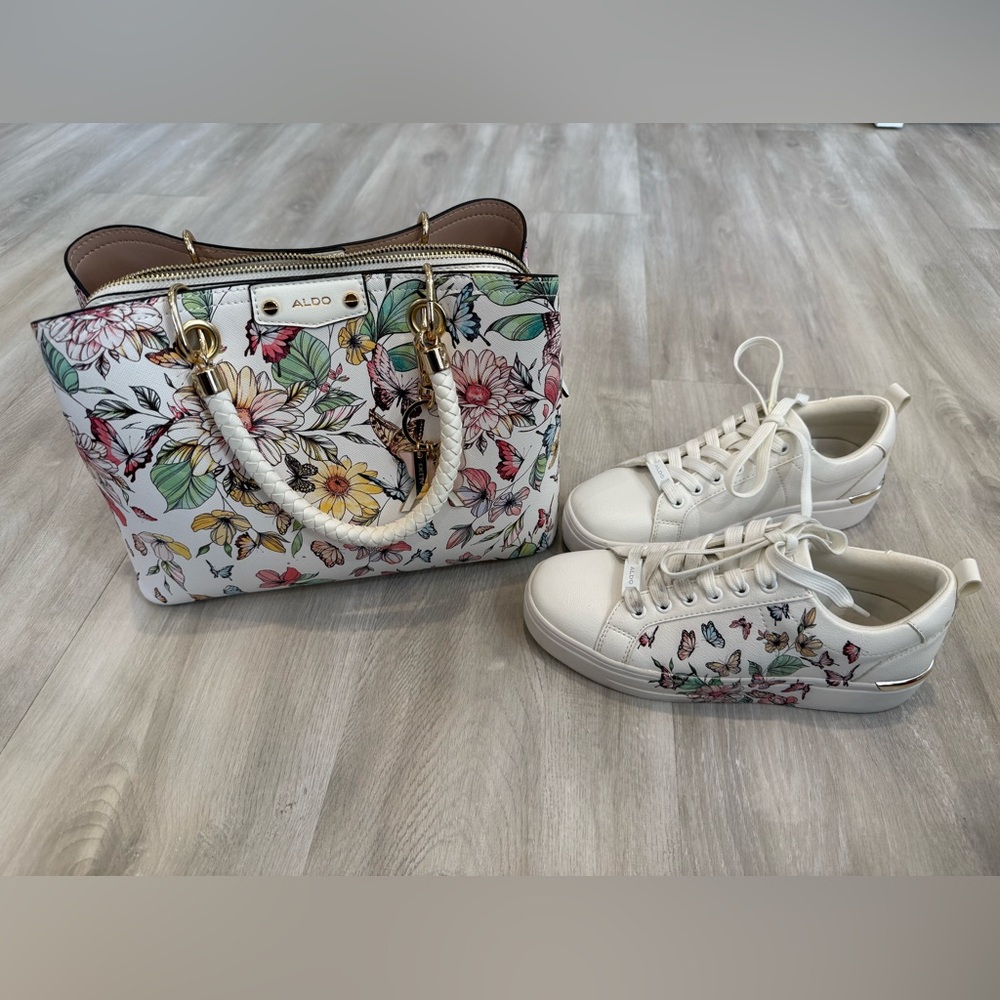 ALDO Floral Satchel Purse + Matching Sneakers Set | White | Spring